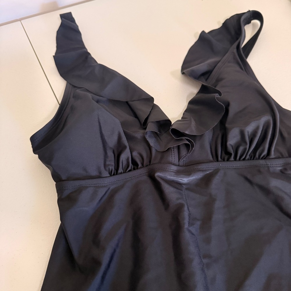 DKNY Womens Black Ruffle V-Neck Tankini Swim Top Size L Ruched Empire Waist